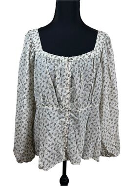 Old Navy Floral Metallic Square Neck Blouse Cream Sz L